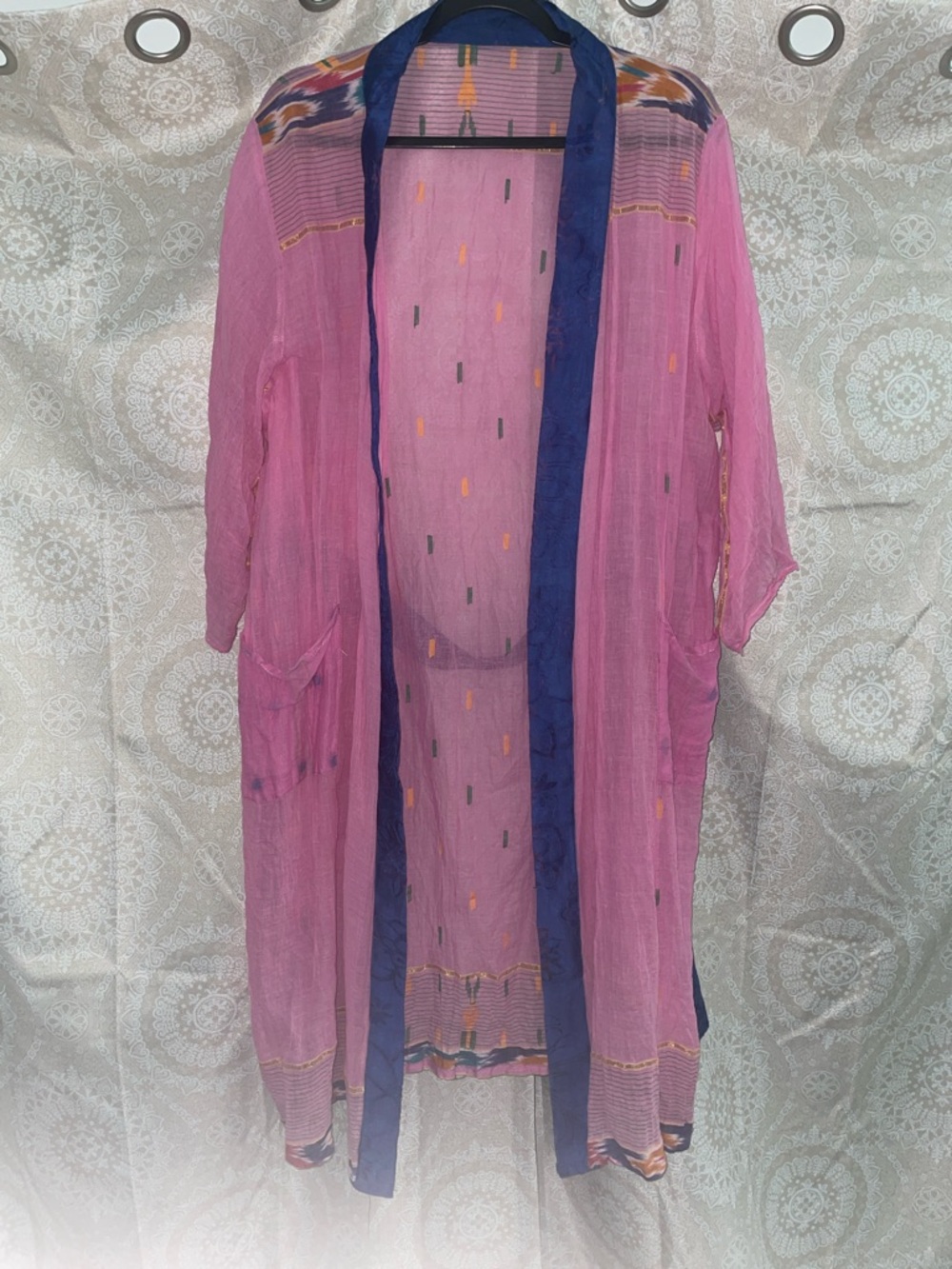 Sheer Pink Open Kimono Cardigan with Navy Trim with Pockets<3